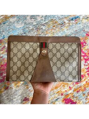 Gucci Vintage Clutch Brown Web Bag Logo Monogram Interlocking GG Stripe